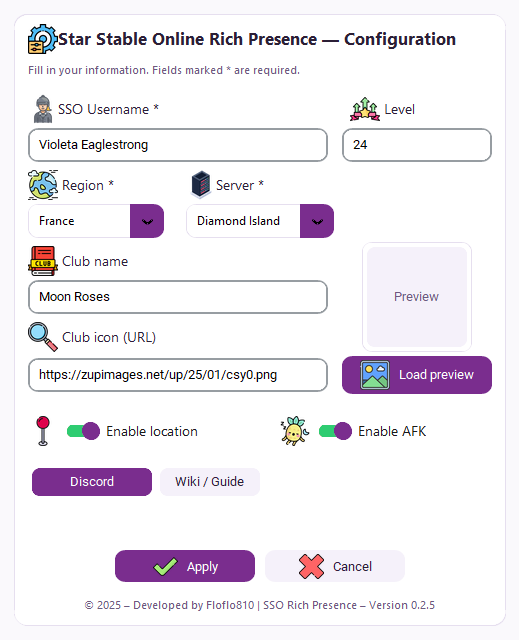 Capture du menu de configuration du Rich Presence